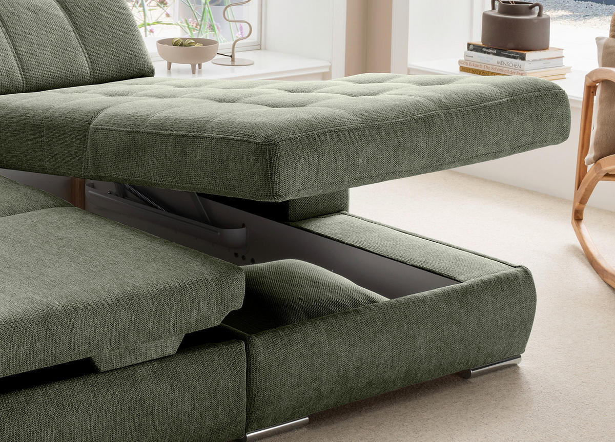 ECKSOFA Chenille Dunkelgrün  - Chromfarben/Dunkelgrün, Konventionell, Textil/Metall (283/186cm) - Livetastic