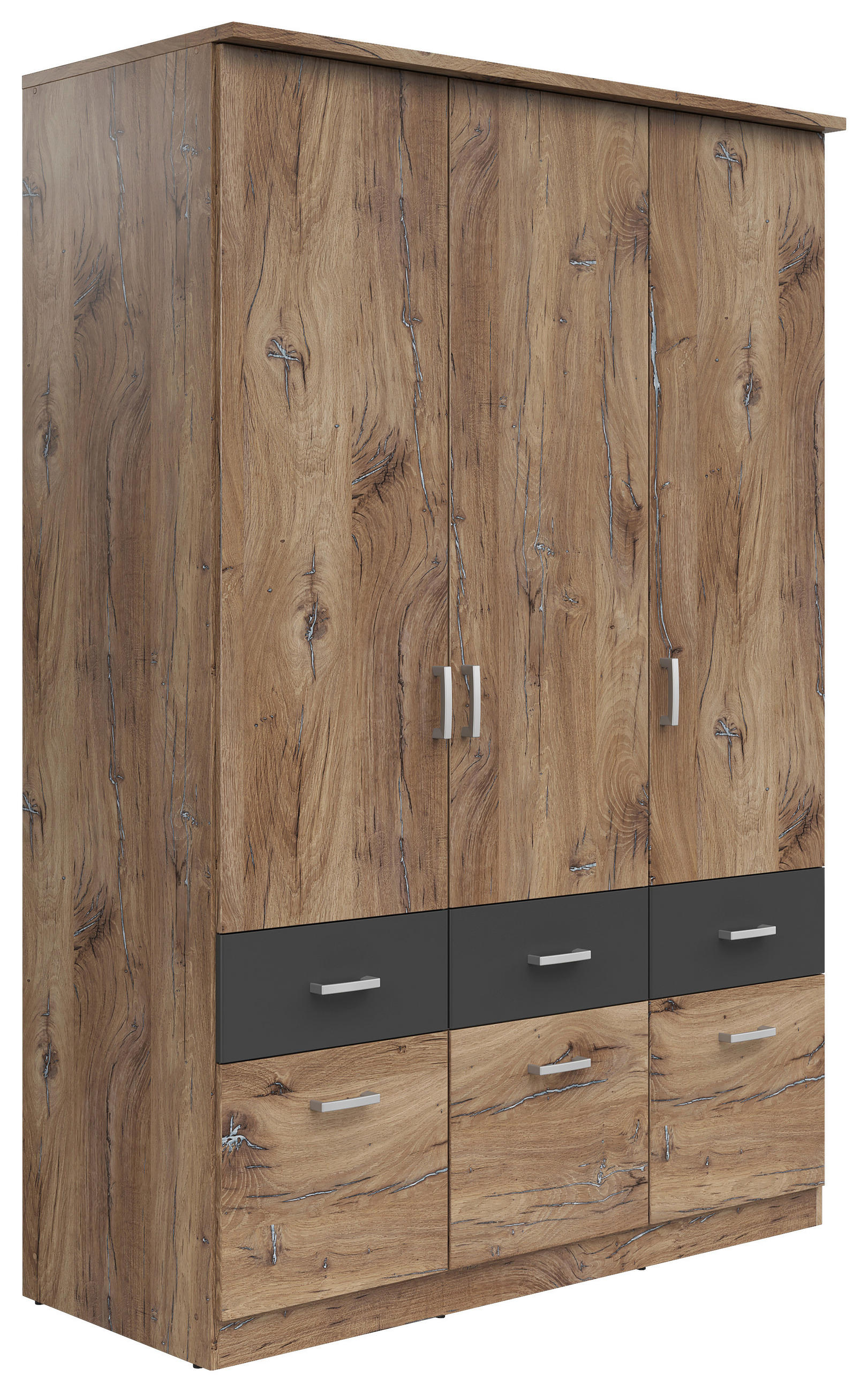 KLEIDERSCHRANK 136/199/58 cm,  in Graphitfarben, Eichefarben, 3-türig  - Eichefarben/Silberfarben, KONVENTIONELL, Holzwerkstoff/Kunststoff (136/199/58cm) - MID.YOU