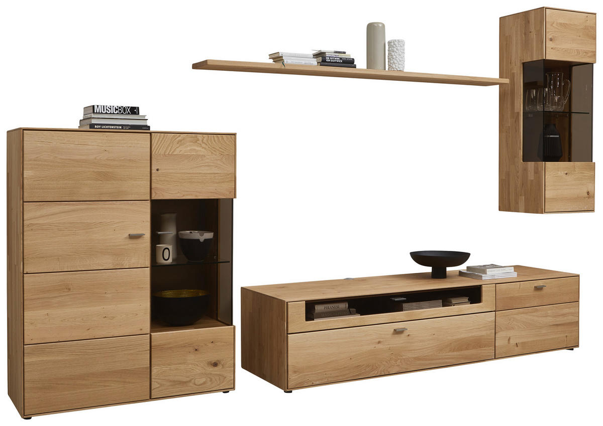 WOHNWAND  in Eichefarben  332,7/202,4/54,5 cm  - Edelstahlfarben/Eichefarben, KONVENTIONELL, Glas/Holz (332,7/202,4/54,5cm) - Valnatura
