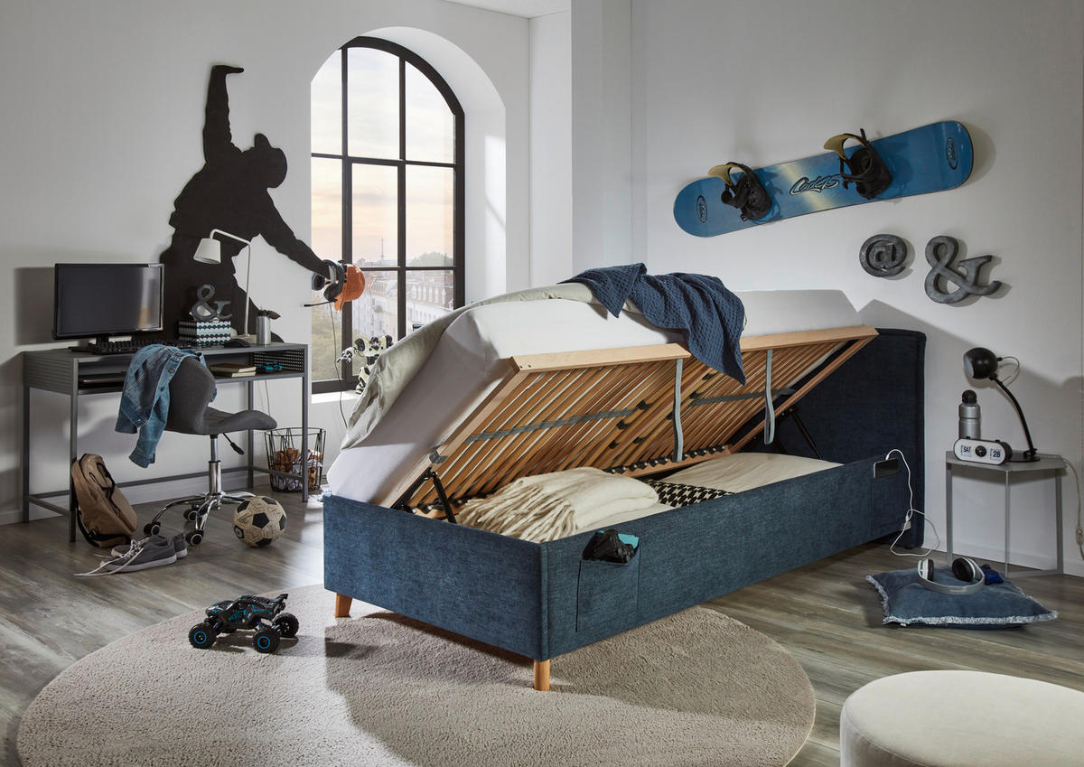 POLSTERBETT 90/200 cm  in Dunkelblau  - Eichefarben/Birkefarben, Konventionell, Holz/Textil (90/200cm) - home24