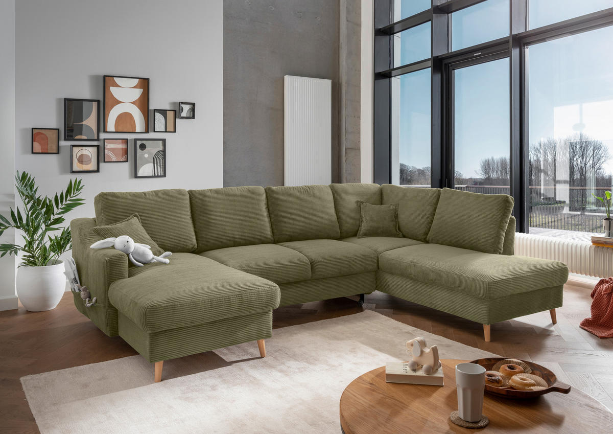 SALON PANORAMIQUE in Cord Olivgrün  - vert olive/bleu clair, Konventionell, textile/bois (150/301/200cm) - P & B