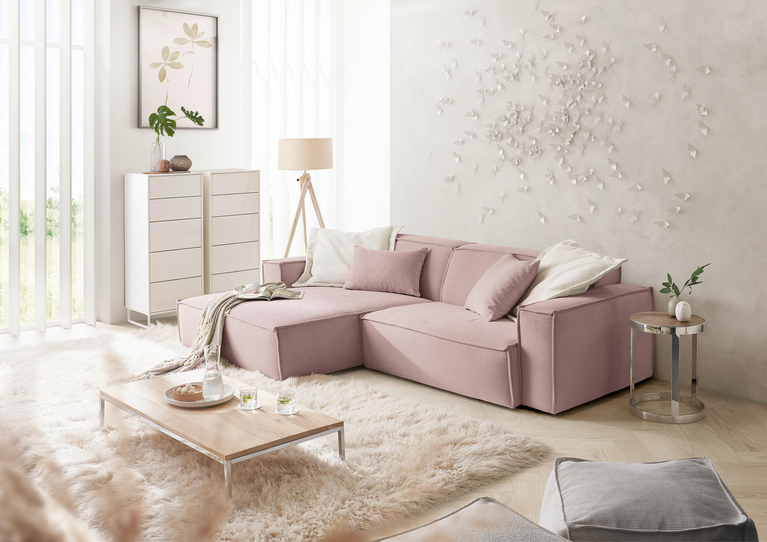 ECKSOFA Altrosa Feincord - Schwarz/Altrosa, KONVENTIONELL, Kunststoff/Textil (168/276cm) - Hom`in