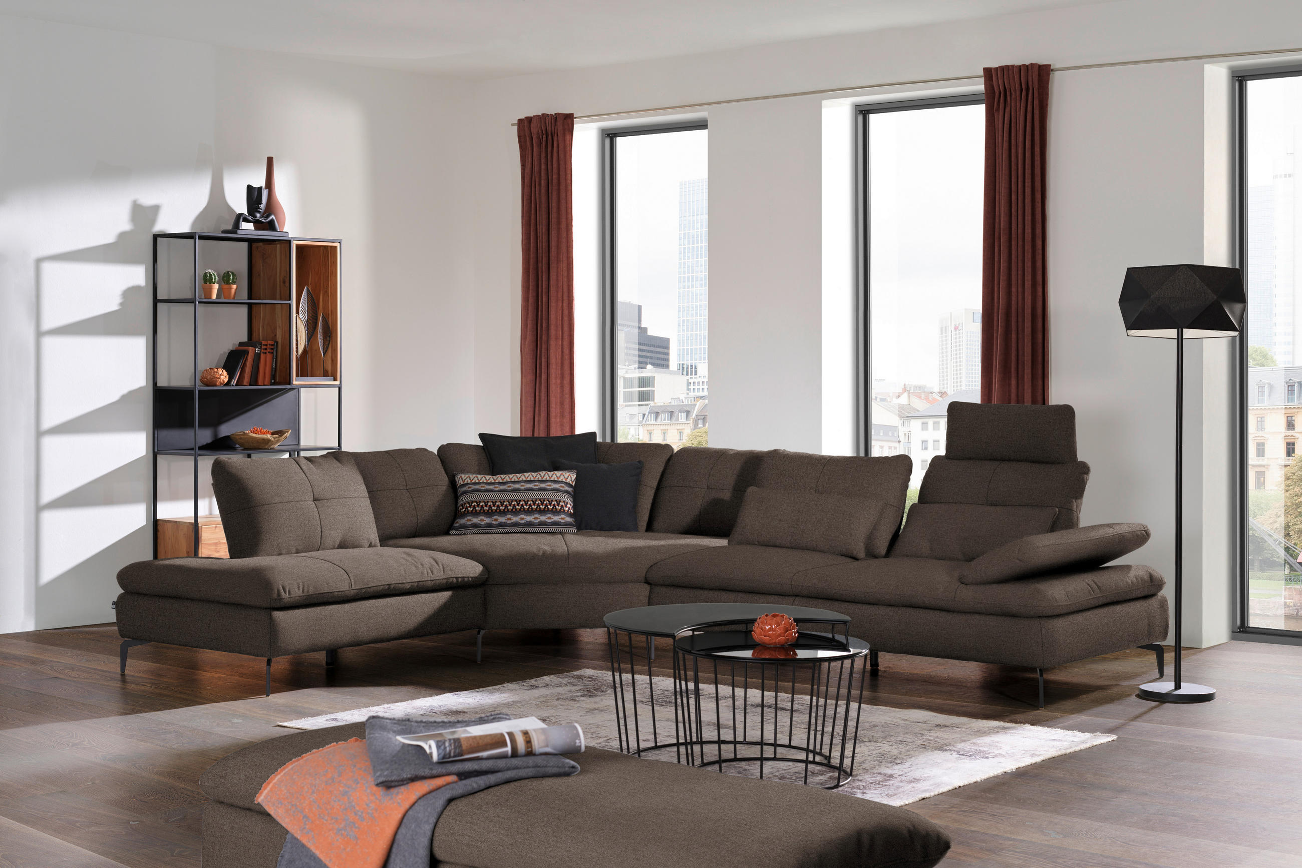 ECKSOFA in Flachgewebe Dunkelbraun  - Dunkelbraun/Schwarz, Design, Textil/Metall (271/344cm) - Chilliano