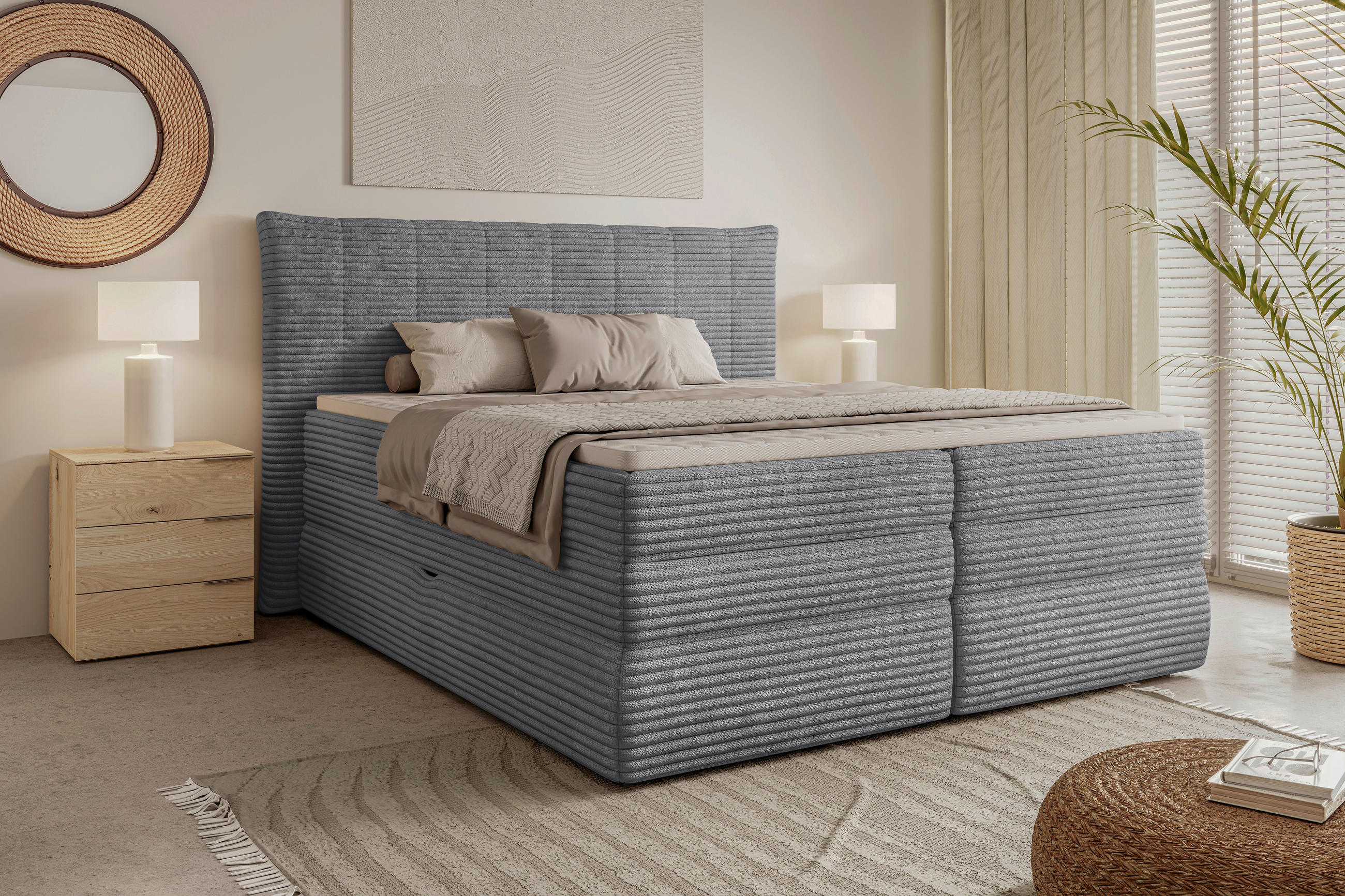 BOXSPRINGBETT 180/200 cm,  in Dunkelgrau, gepolstertes Kopfteil, Bettkasten, Topper, Matratzen, H2 + H2 = mittel  - Dunkelgrau/Schwarz, Design, Kunststoff/Textil (180/200cm) - Chameo