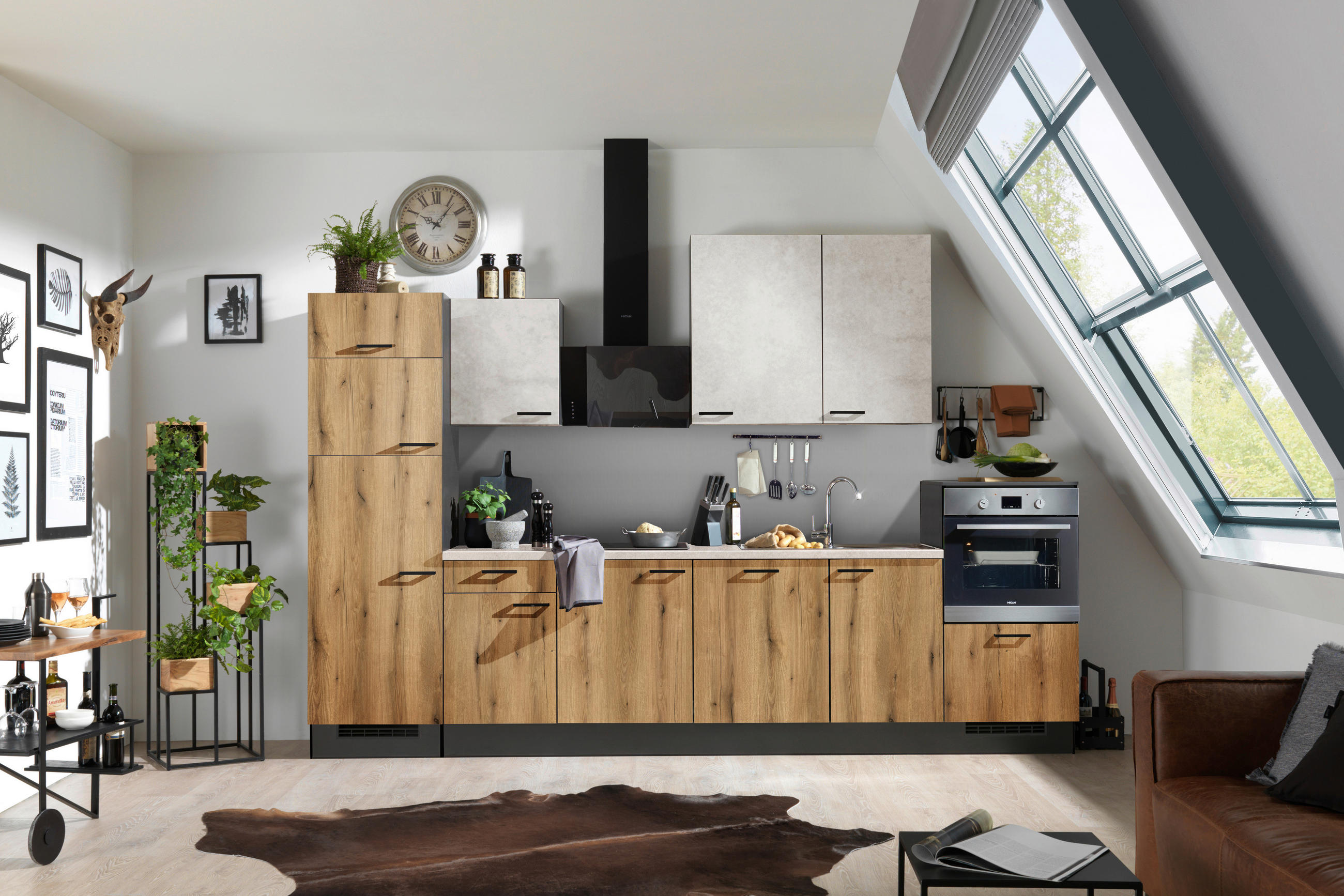 KÜCHENLEERBLOCK 340 cm   in Graphitfarben, Eichefarben, Hellgrau  - Eichefarben/Hellgrau, Design, Holzwerkstoff/Metall (340cm) - Xora