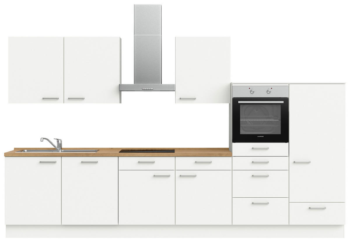 KÜCHENBLOCK 360 cm   in Weiß, Eichefarben  - Edelstahlfarben/Eichefarben, MODERN, Holzwerkstoff/Metall (360cm) - Nobilia