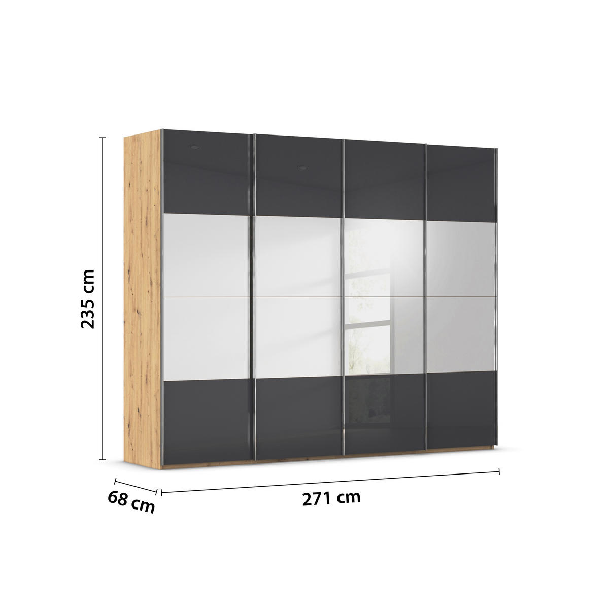 SCHWEBETÜRENSCHRANK 271/235/68 cm 4-türig Schwarz, Eiche Artisan  - Chromfarben/Schwarz, Design, Glas/Holzwerkstoff (271/235/68cm) - Novel