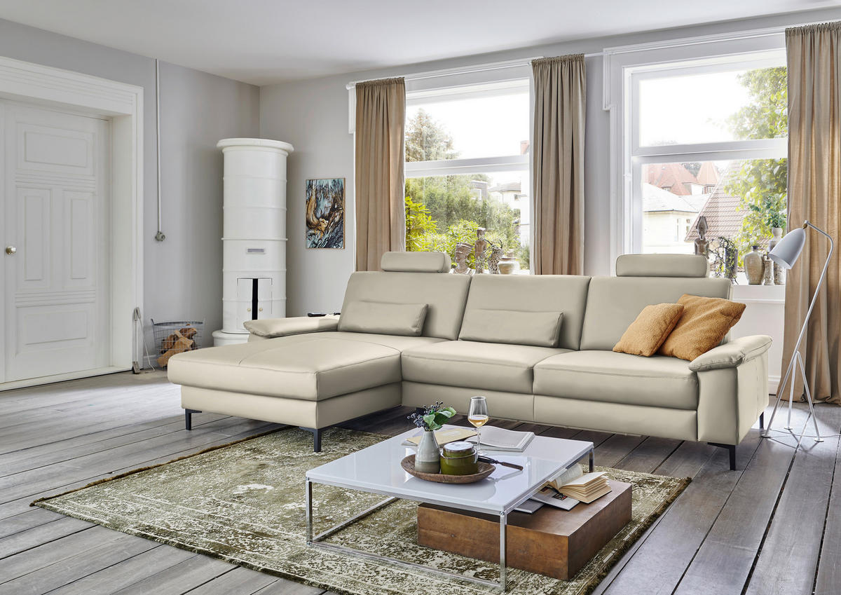 ECKSOFA in Echtleder Ecru  - Ecru/Schwarz, Design, Leder/Metall (176/334cm) - Dieter Knoll