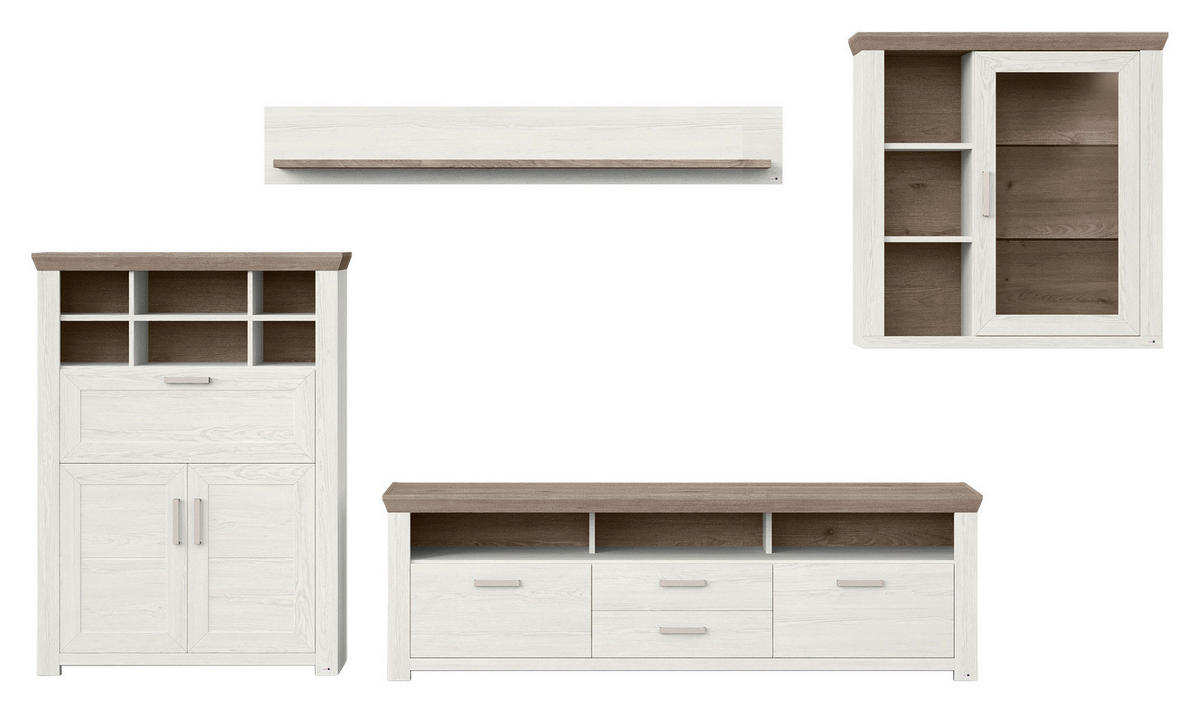 WOHNWAND  in Weiß, Eichefarben  374/207/51,2 cm  - Eichefarben/Weiß, Design, Glas/Holzwerkstoff (374/207/51,2cm) - SetOne by Musterring