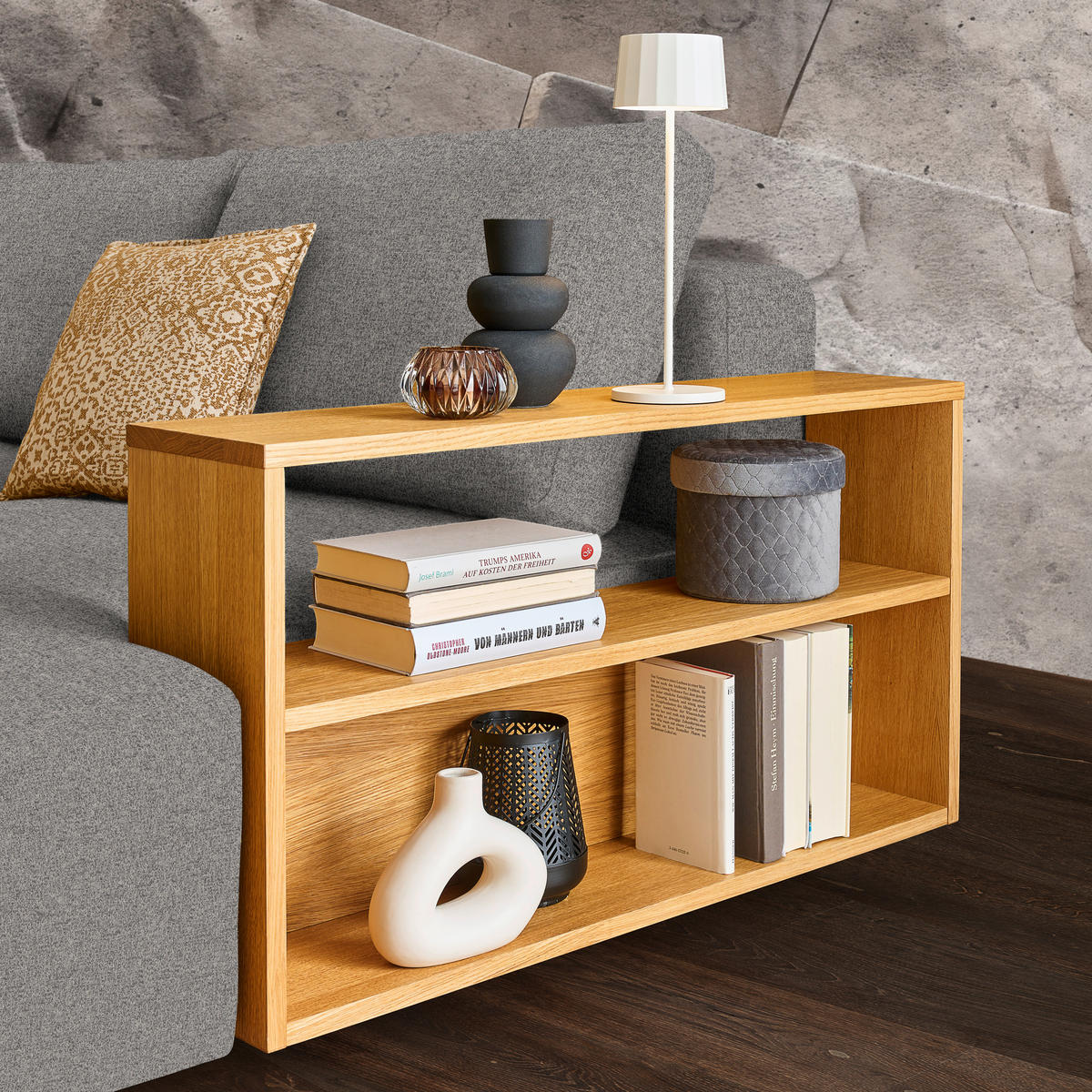 ECKSOFA in Flachgewebe Grau  - Eichefarben/Grau, Design, Holz/Textil (307/190cm) - Joka