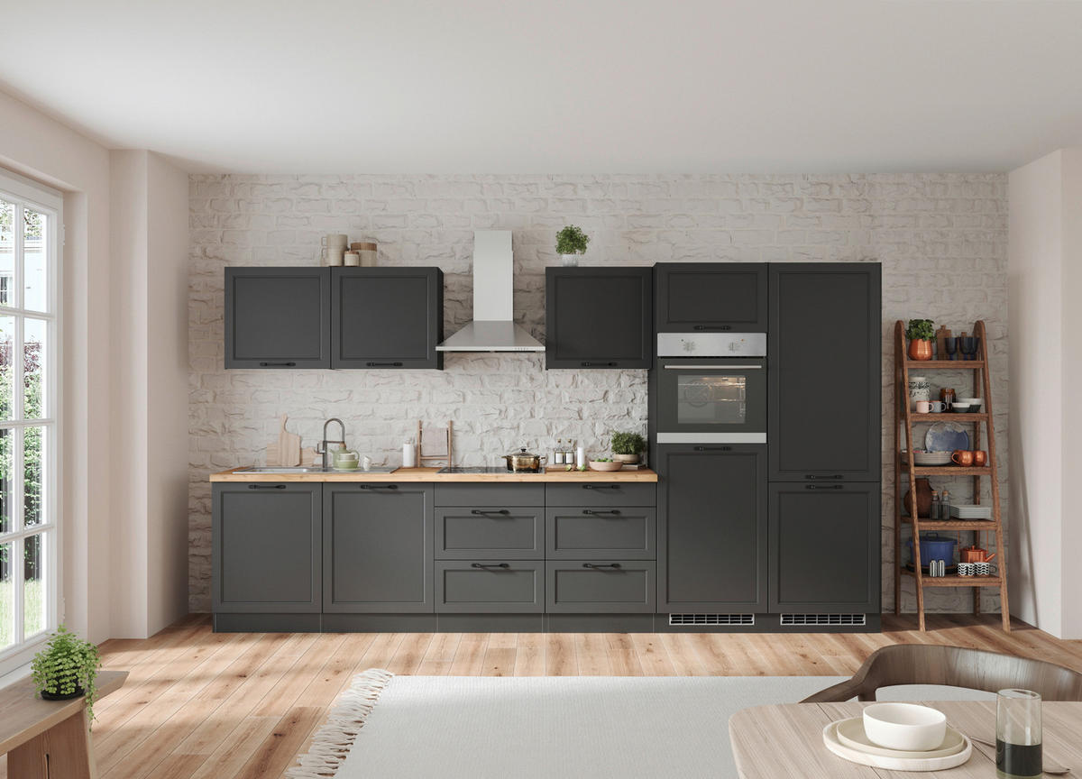 KÜCHENBLOCK 360 cm   in Grau, Eiche Wotan  - Eiche Wotan/Schwarz, LIFESTYLE, Holzwerkstoff/Metall (360cm) - Held