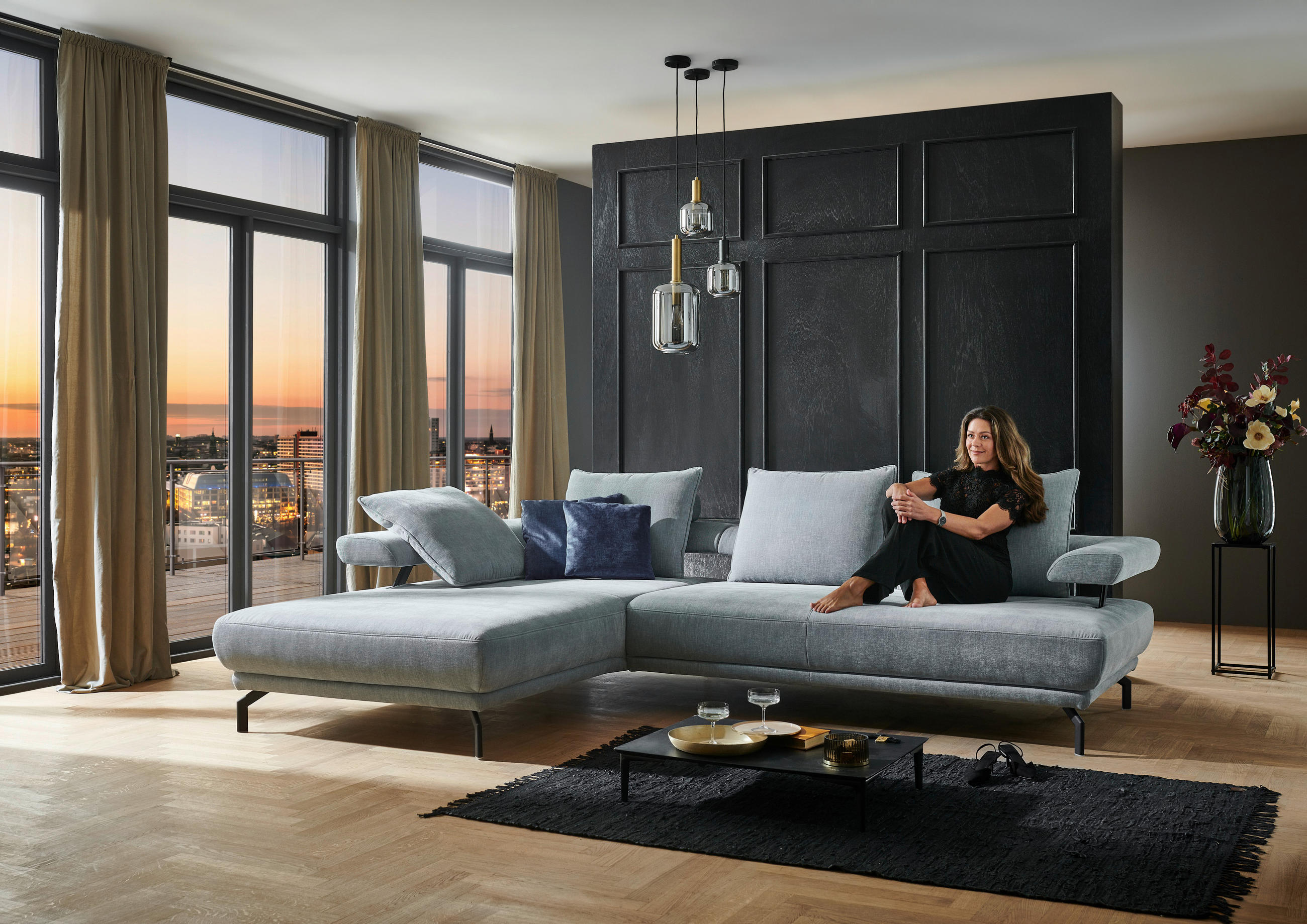 ECKSOFA in Chenille Hellblau  305/224 cm  - Schwarz/Hellblau, Design, Textil/Metall (305/224cm) - Dieter Knoll