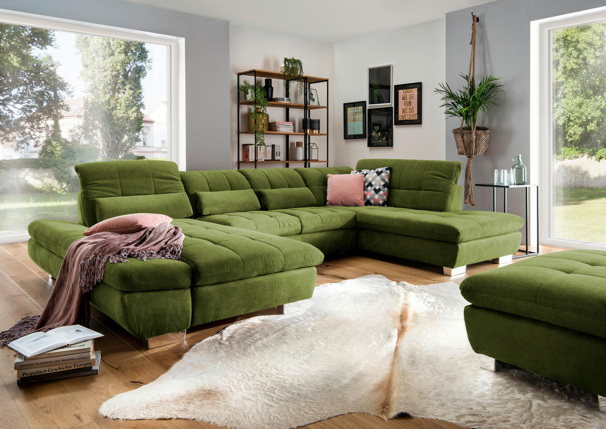 WOHNLANDSCHAFT in Mikrofaser Grün  - Chromfarben/Grün, Design, Kunststoff/Textil (204/350/211cm) - Xora
