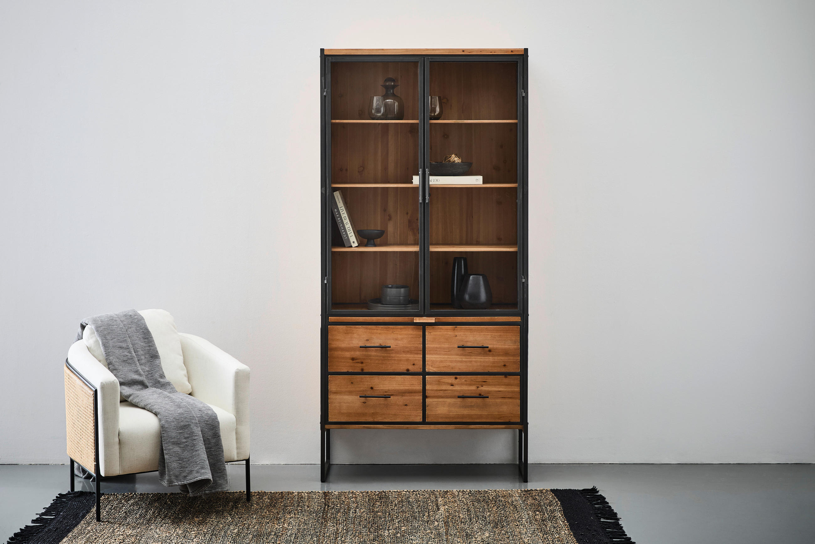 VITRINE in massiv Tanne Naturfarben, Schwarz  - Klar/Schwarz, Natur, Glas/Holz (100/210/41.5cm) - Livetastic