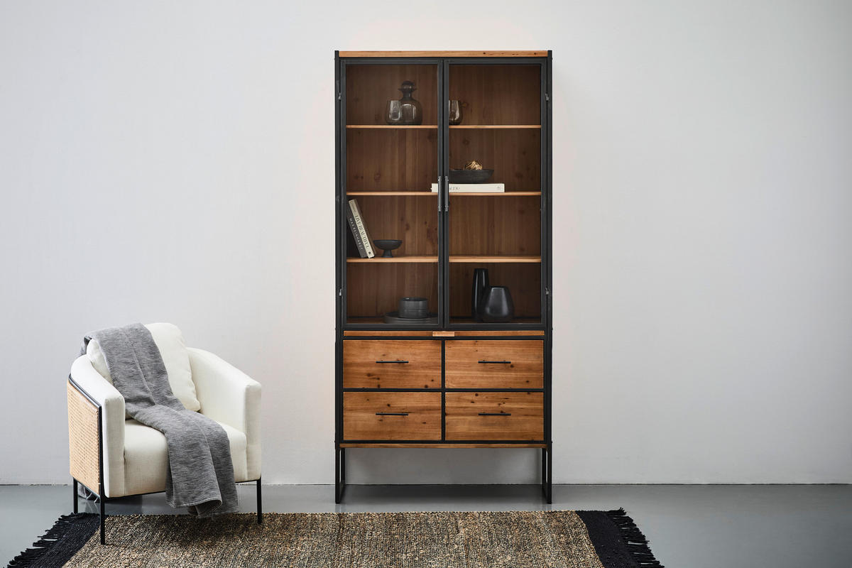 VITRINE in massiv Tanne Naturfarben, Schwarz  - Klar/Schwarz, Natur, Glas/Holz (100/210/41.5cm) - Livetastic