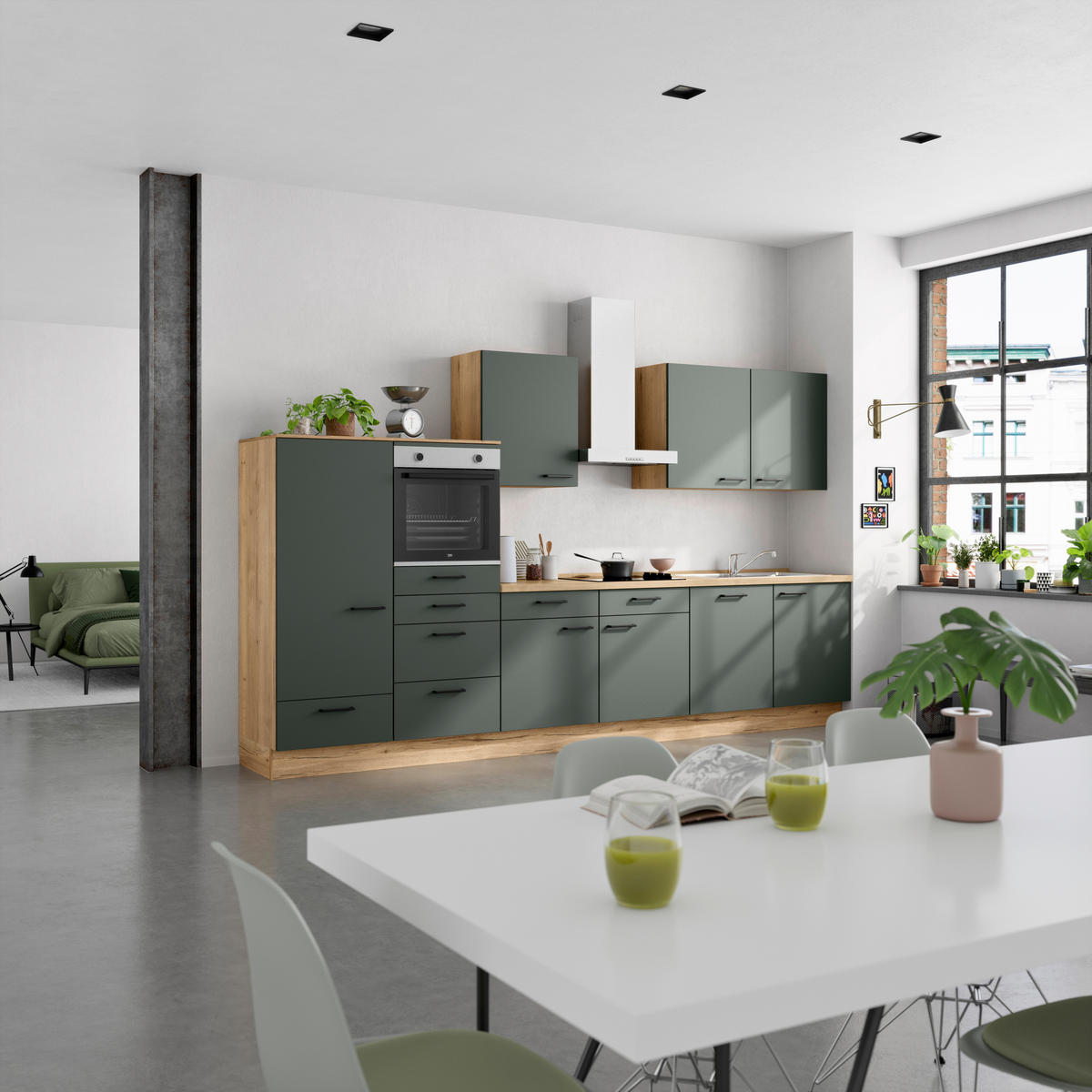 KÜCHENBLOCK Easytouch 360 cm  in Eichefarben, Dunkelgrün  - Dunkelgrün/Eichefarben, MODERN, Holzwerkstoff/Metall (360cm) - Nobilia