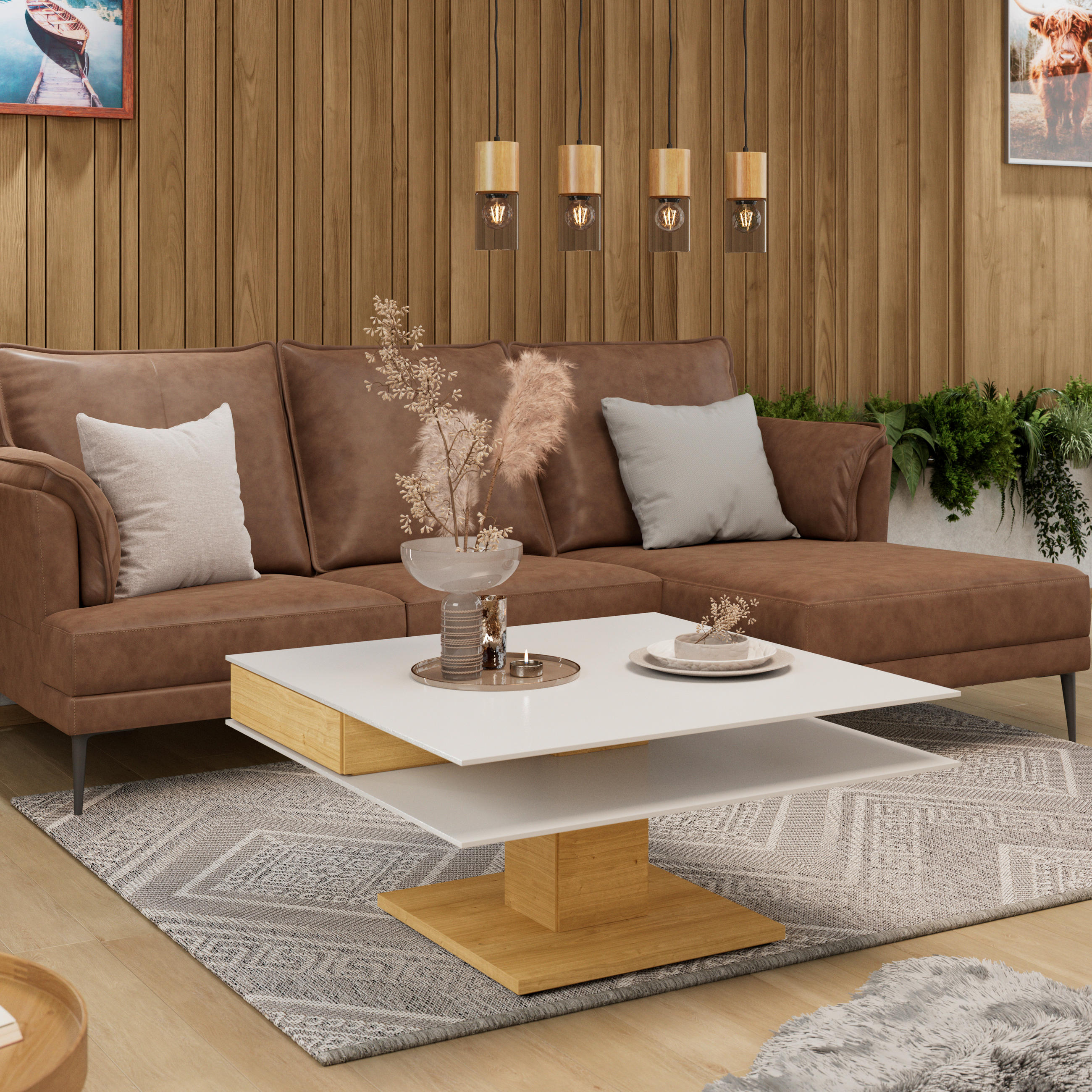 COUCHTISCH Wildeiche furniert, massiv Farbglas 90/90/43 cm quadratisch Weiß, Eichefarben  - Eichefarben/Weiß, Design, Glas/Holz (90/90/43cm) - Voglauer