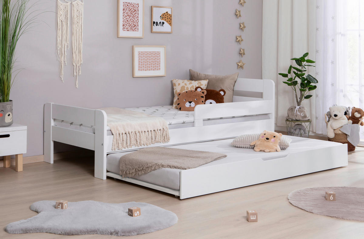 AUSZIEHBETT 100/200 cm,  in Weiß, Bettschublade, Absturzsicherung, Rollrost für Zusatzbett, Rollrost für Hauptbett  - Naturfarben/Weiß, MODERN, Holz (100/200cm) - Livetastic