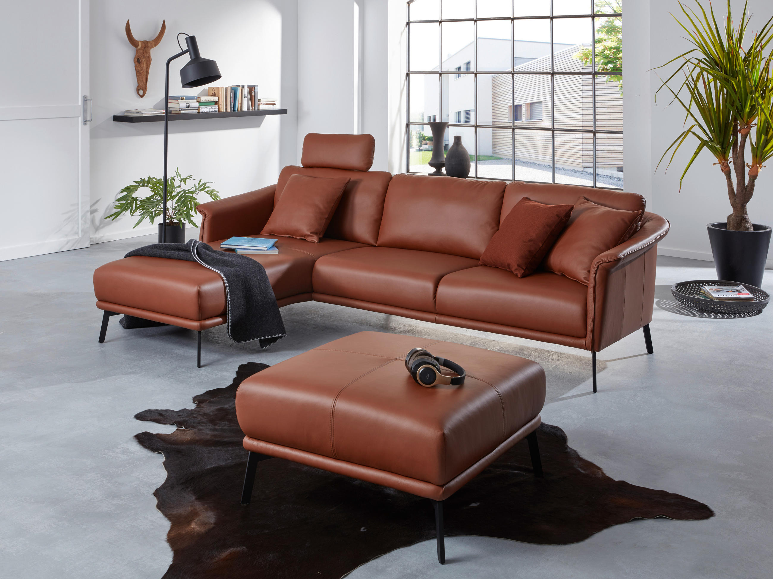 ECKSOFA Weinrot Echtleder - Weinrot/Schwarz, Design, Leder/Metall (180/272cm) - Johann Jakob