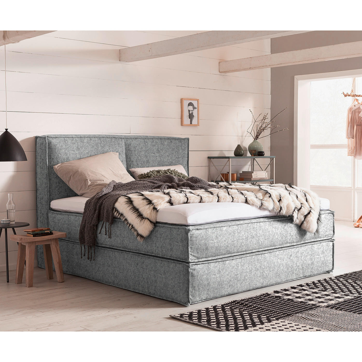 BOXSPRINGBETT 200/220 cm  in Hellgrau  - Hellgrau/Schwarz, Design, Kunststoff/Textil (200/220cm) - home24