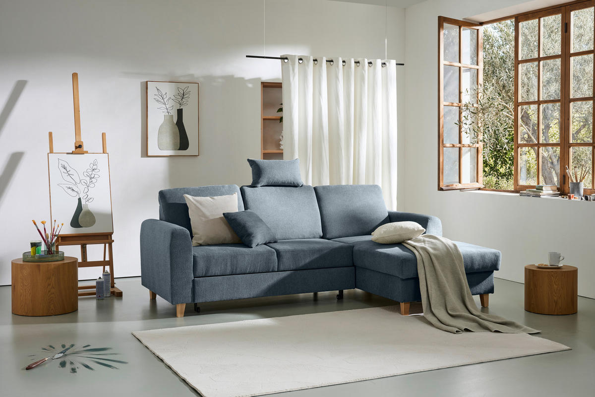 ECKSOFA Blau Flachgewebe  - Blau/Buchefarben, KONVENTIONELL, Holz/Textil (241/166cm) - Carryhome