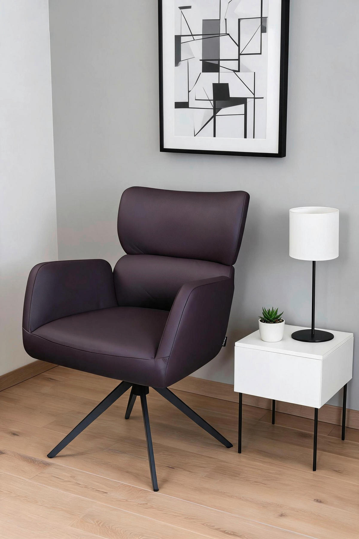 ARMLEHNSTUHL  Lederauswahl, Sitzfläche 360° drehbar, automatische Rückholfunktion  Echtleder  Aubergine  - Aubergine/Schwarz, Design, Leder/Metall (62,5/86,5/67cm) - Milino