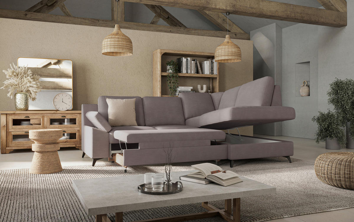 ECKSOFA in Flachgewebe Taupe  - Taupe/Schwarz, Konventionell, Textil/Metall (242/170cm) - Cotta