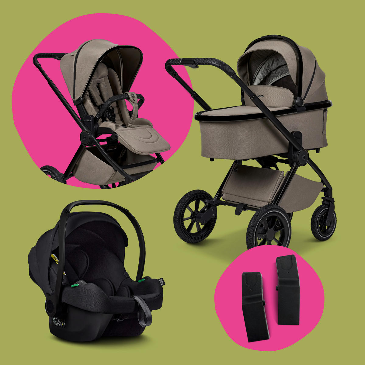 KINDERWAGENSET  Gio+ Set mit Cosmo 2.0  Mud  - Schlammfarben/Schwarz, Basics, Textil (103/60/125cm) - Moon