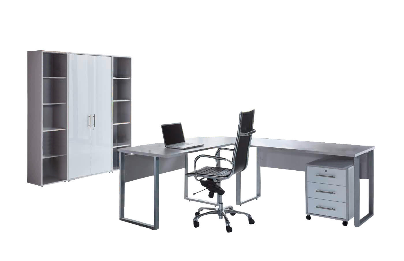 BÜRO erweiterbar, in verschiedenen Holz-Dekoren erhältlich, Schreibtisch seitenverkehrt montierbar, abschließbar Grau, Weiß Hochglanz - Weiß Hochglanz/Grau, MODERN, Holzwerkstoff - MID.YOU