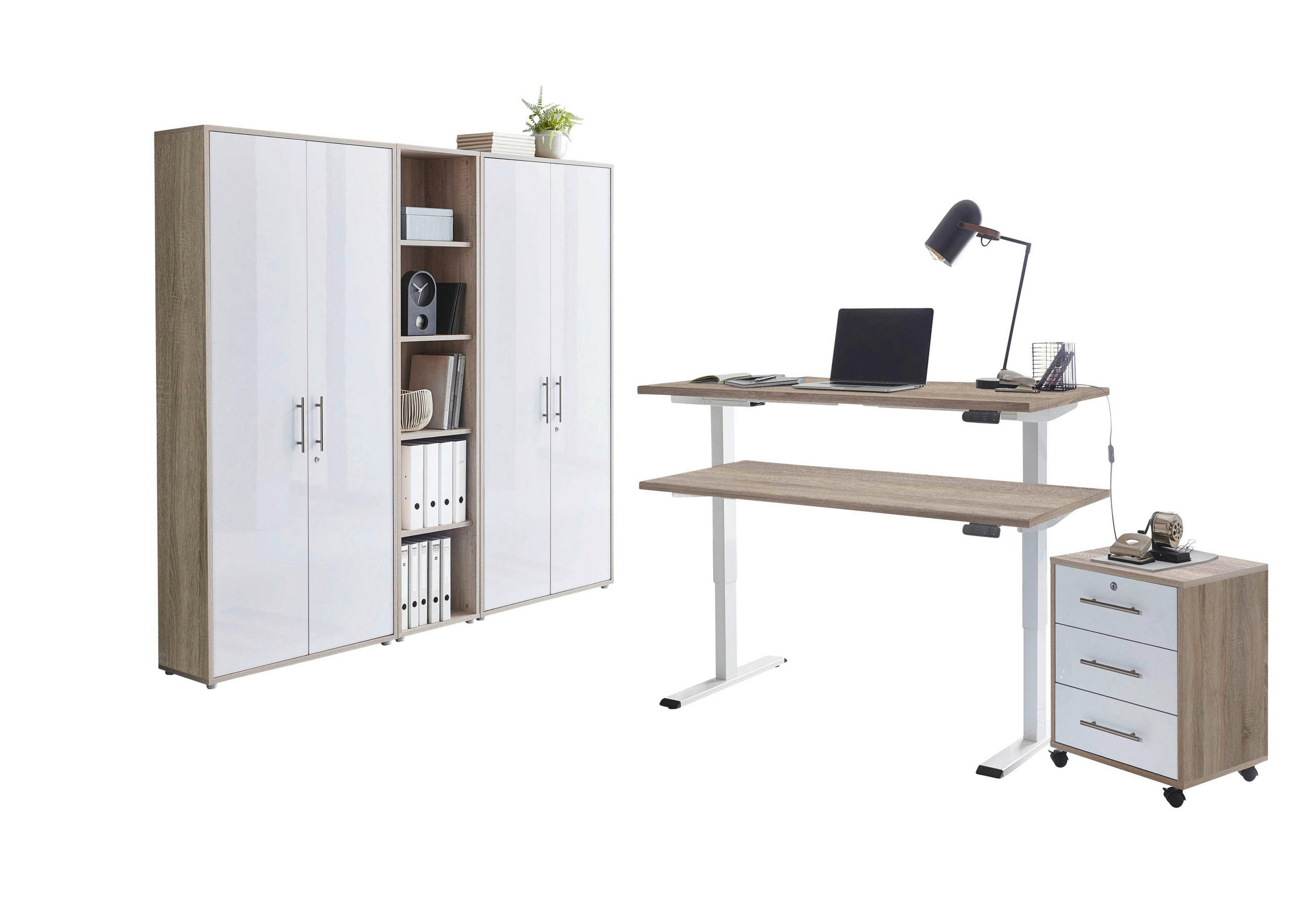 BÜRO erweiterbar, abschließbar Sonoma Eiche, Weiß Hochglanz - Weiß Hochglanz/Sonoma Eiche, MODERN - MID.YOU