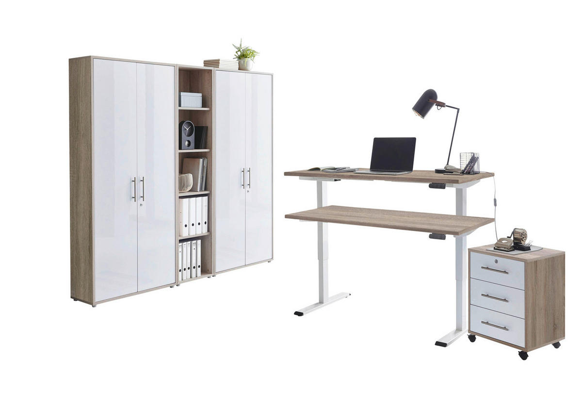 BÜRO erweiterbar, abschließbar Sonoma Eiche, Weiß Hochglanz - Weiß Hochglanz/Sonoma Eiche, MODERN - MID.YOU
