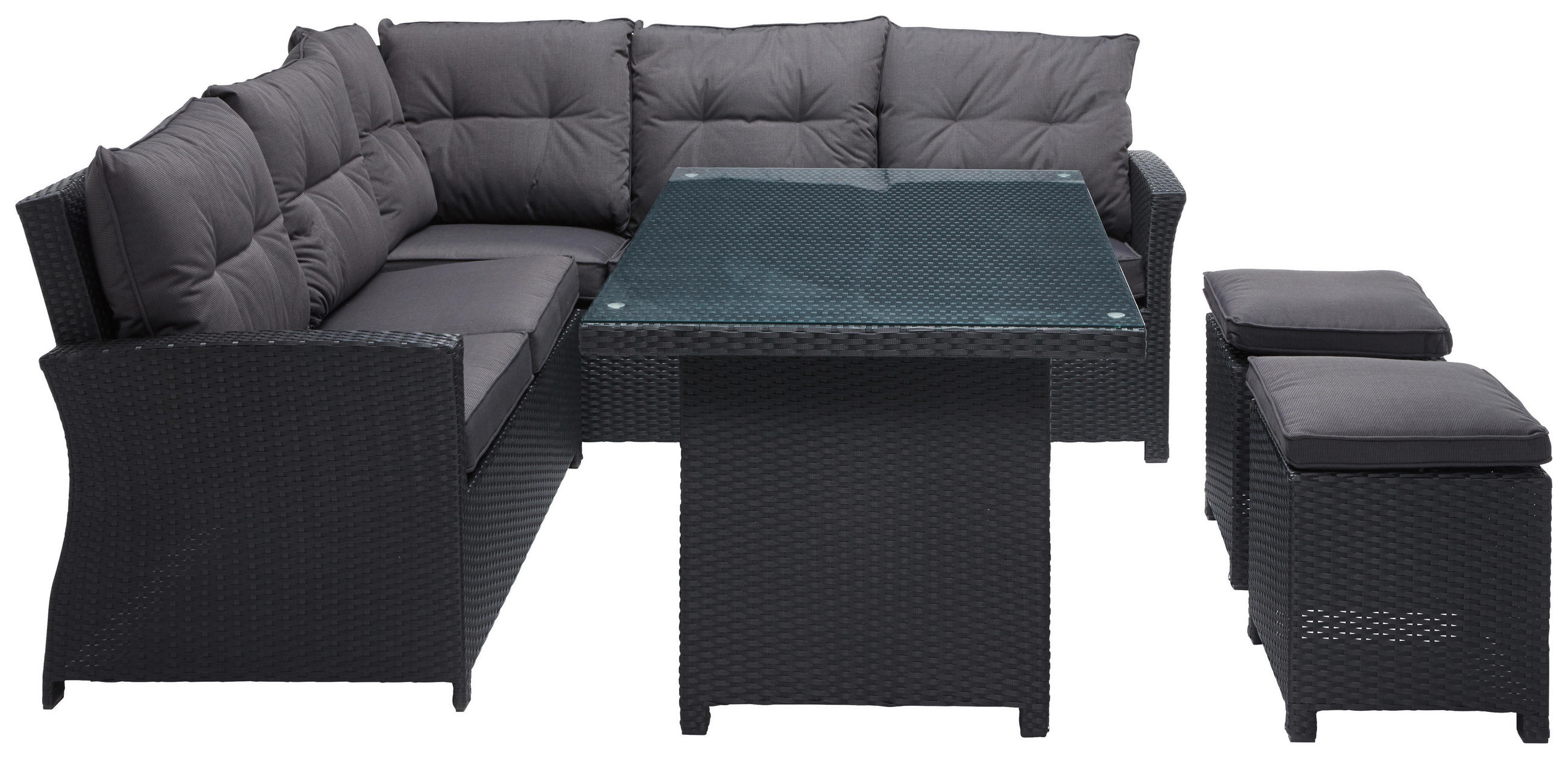 JEDÁLENSKÁ TERASOVÁ SÚPRAVA 18-dielne, kov, plast, sklo, textil - čierna/sivá, Konventionell, kov/textil (209/203cm) - Ambia Garden