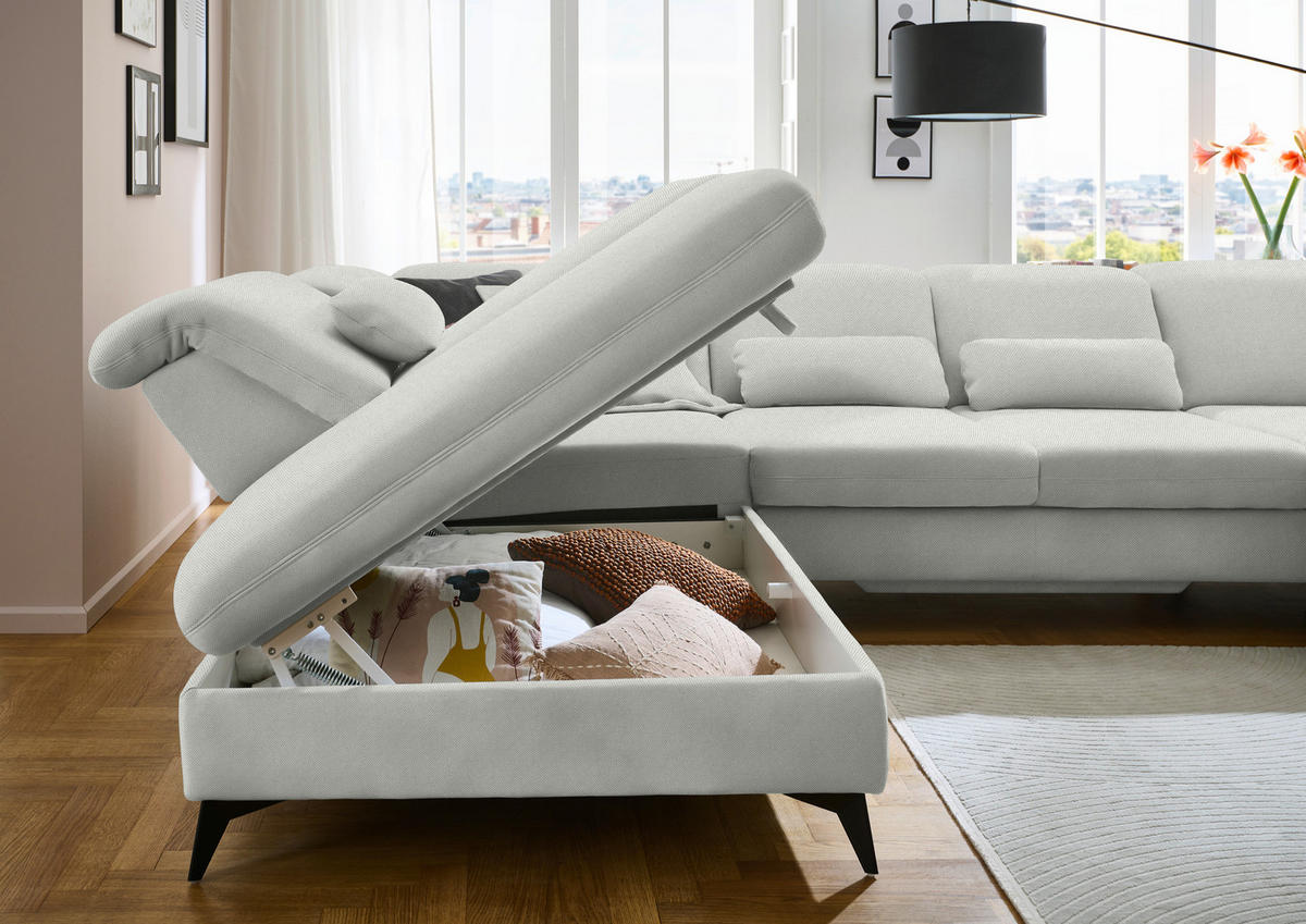 WOHNLANDSCHAFT Chenille Ecru  - Ecru/Schwarz, Design, Textil/Metall (255/369/198cm) - Beldomo Style