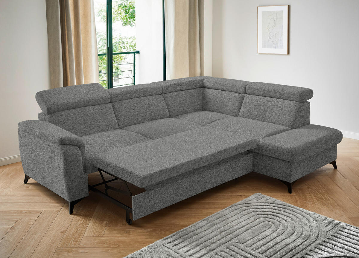 ECKSOFA in Teddystoff Grau  - Schwarz/Grau, Design, Textil/Metall (260/203cm) - Stylife
