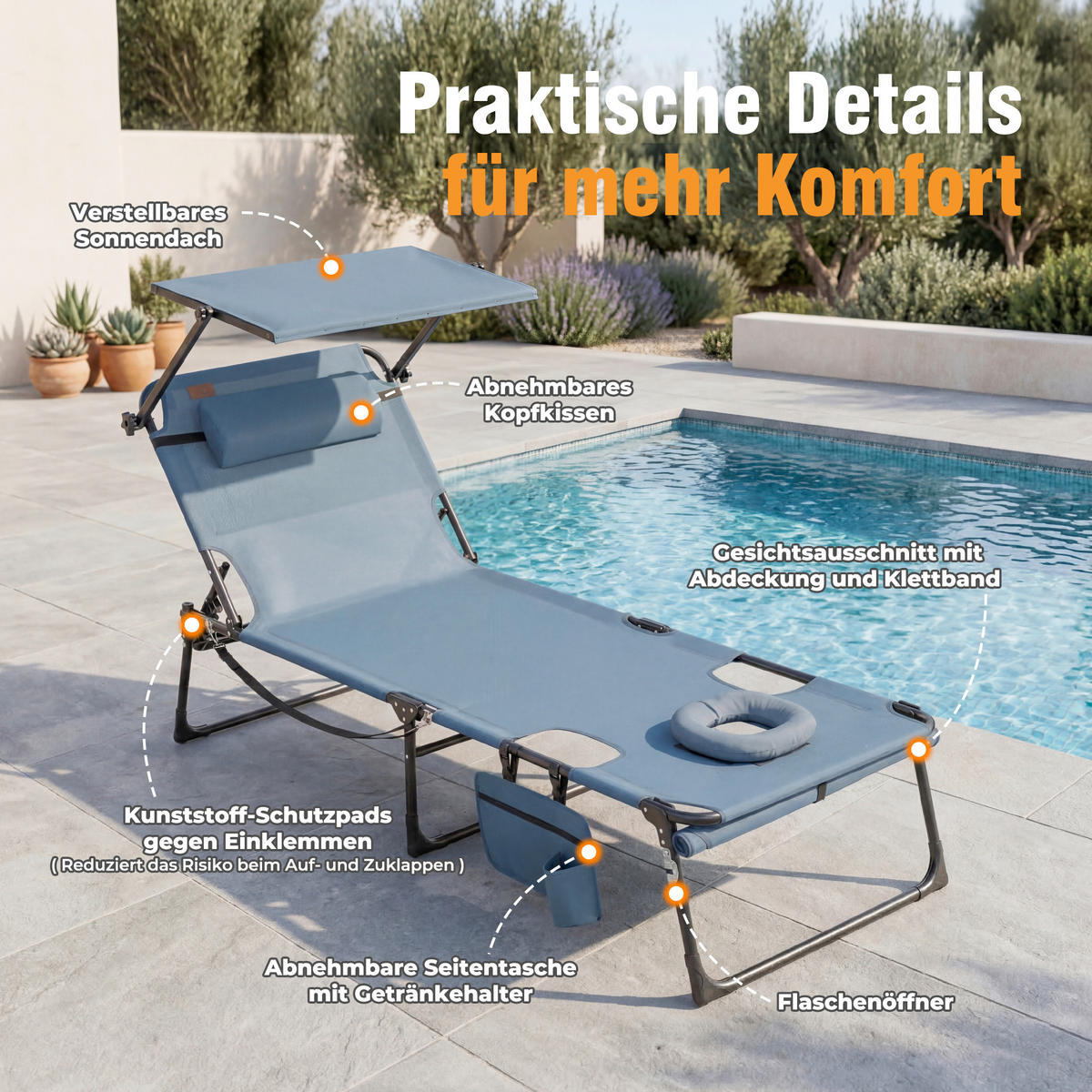 SONNENLIEGE 200/34/70 cm  - Blau/Dunkelgrau, Basics, Textil/Metall (200/34/70cm) - Modante