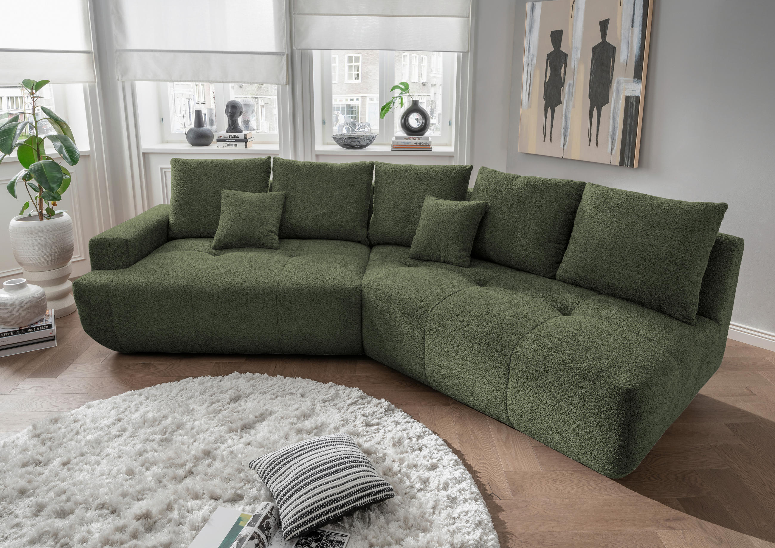 BIGSOFA in Bouclé Dunkelgrün  - Dunkelgrün/Schwarz, MODERN, Kunststoff/Textil (323/91/155cm) - Livetastic