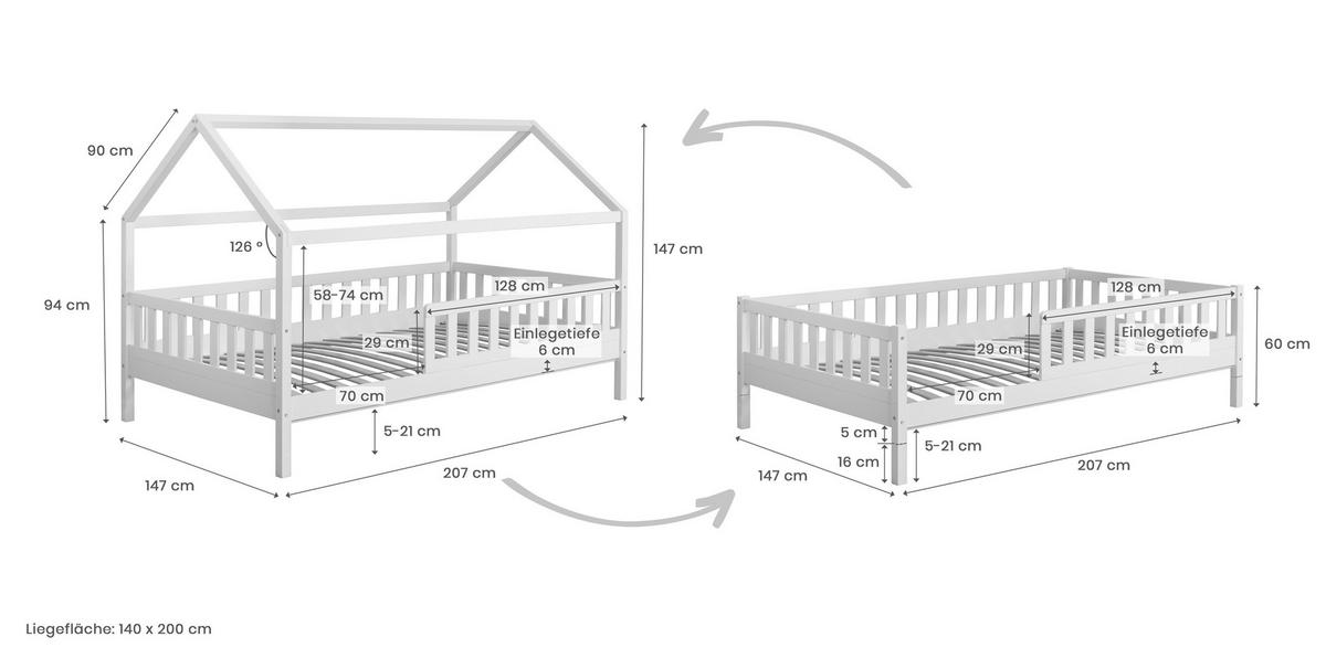 HAUSBETT 140/200 cm,  in Naturfarben, Absturzsicherung, Rollrost  - Naturfarben, MODERN, Holz (140/200cm) - MID.YOU