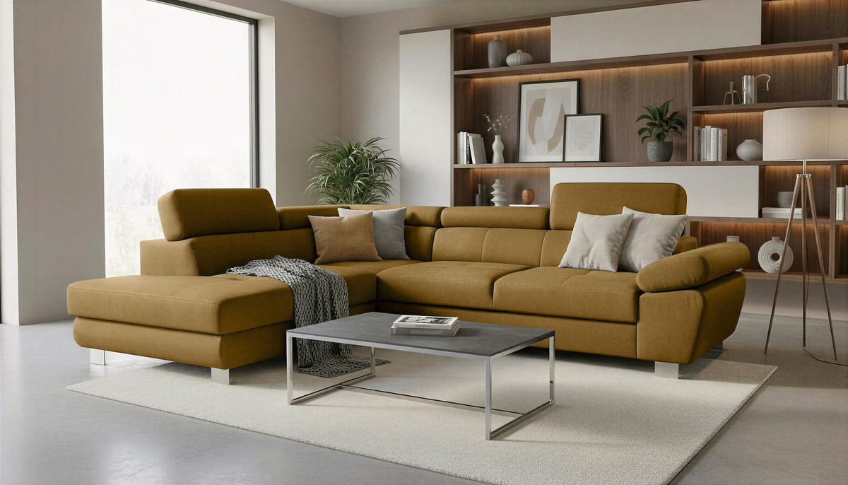ECKSOFA Senfgelb Webstoff Bettkasten, Schlaffunktion, Rücken echt, Armteilverstellung, Kopfteilverstellung  - Chromfarben/Senfgelb, MODERN, Textil/Metall (205/278cm) - Stylife