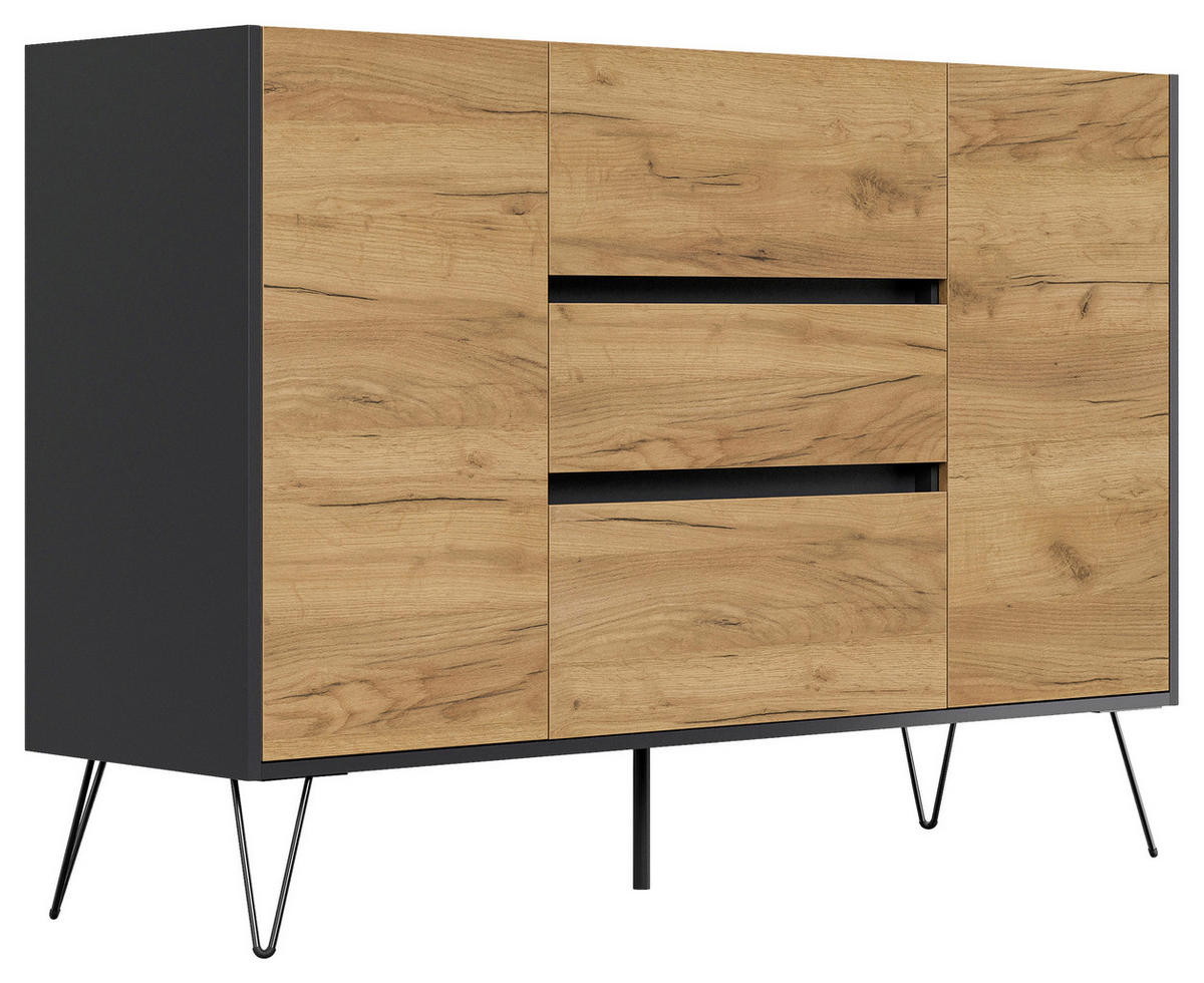 SIDEBOARD Posseik Industrial 140/93,6/42 cm 3 Schublade(n)  - Eichefarben/Graphitfarben, Design, Holzwerkstoff/Metall (140/93,6/42cm) - P & B