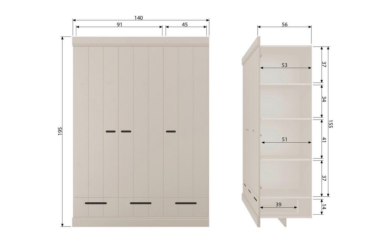 DREHTÜRENSCHRANK  in Hellgrau  - Hellgrau, Design, Holz (140/195/53cm) - Livetastic
