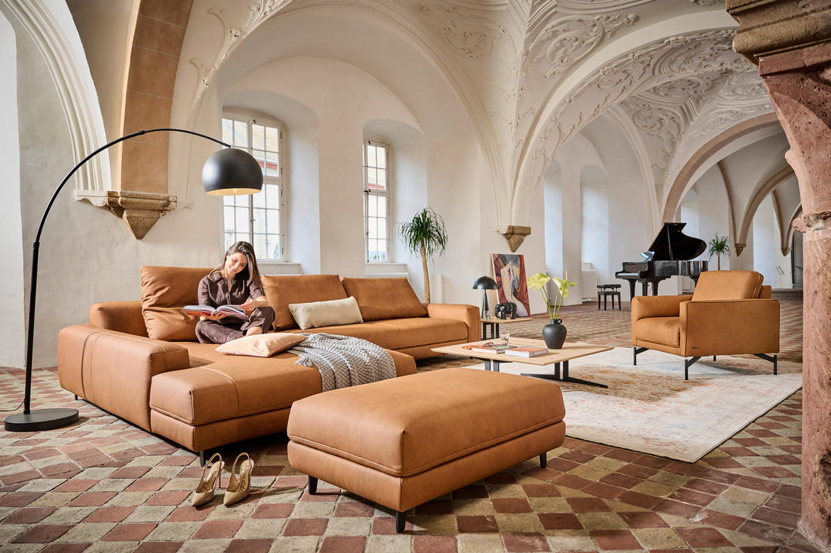 ECKSOFA in Echtleder Hellbraun  - Hellbraun/Anthrazit, Design, Leder/Metall (225/355cm) - Johann Jakob