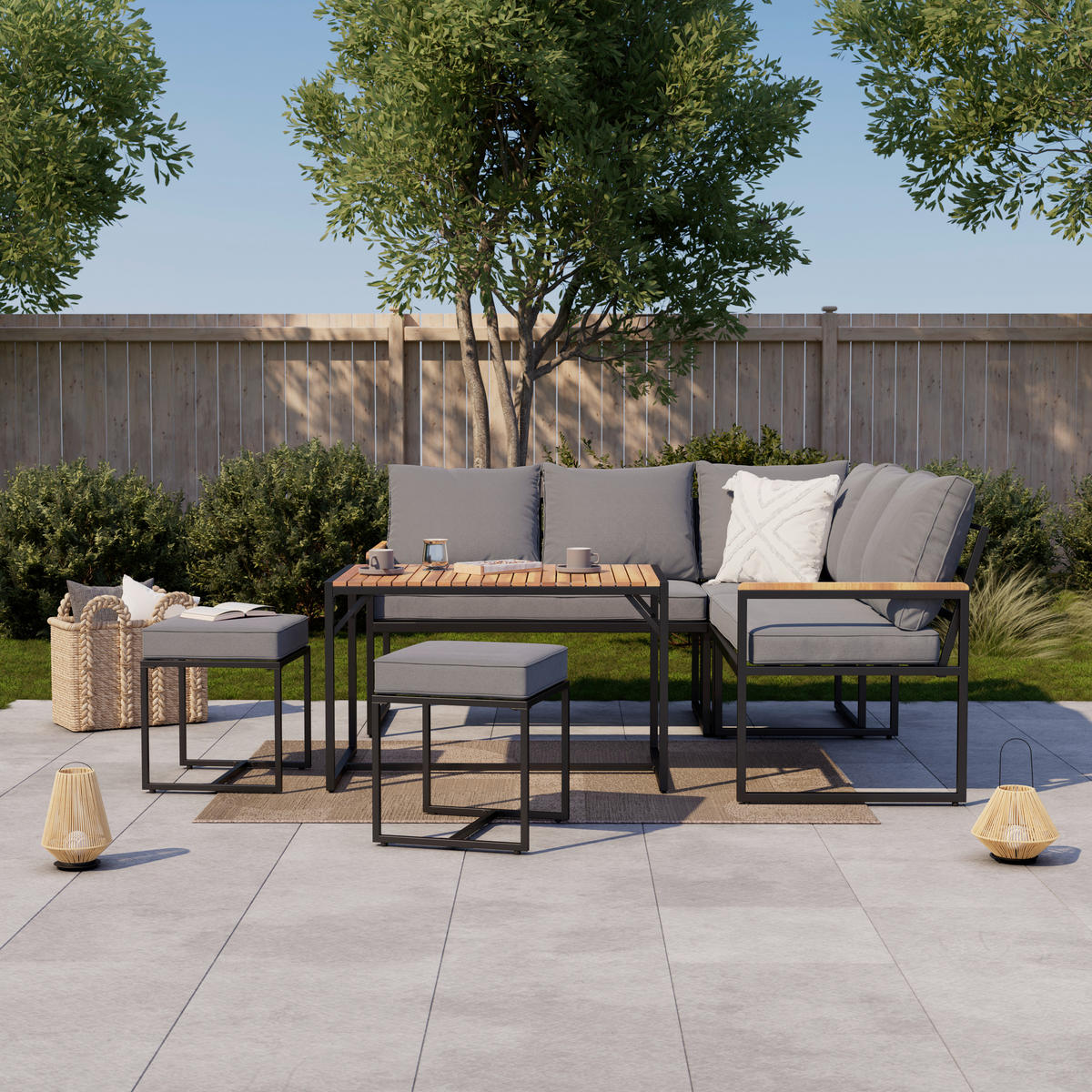 DINING-LOUNGESET  - Schwarz/Akaziefarben, Design, Holz/Textil (205/205cm) - Ambia Garden