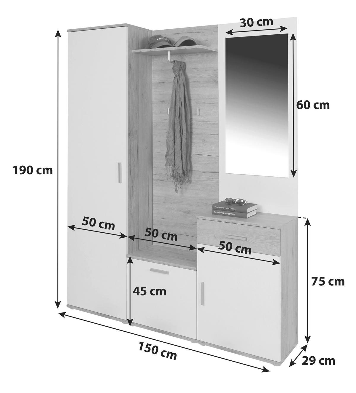 GARDEROBE 5-teilig  in 150/190/29 cm  - Eichefarben/Weiß, MODERN, Glas/Holzwerkstoff (150/190/29cm) - MID.YOU