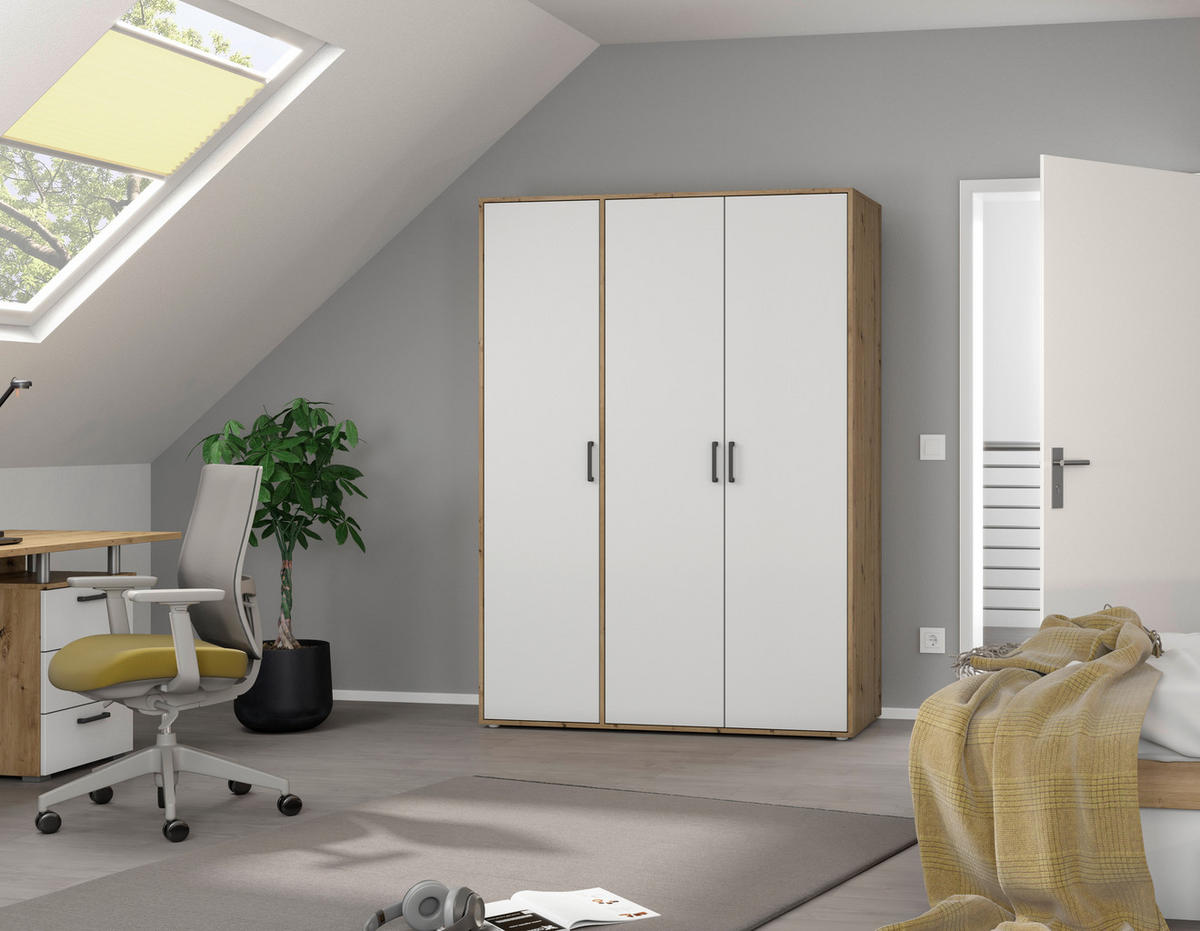 DREHTÜRENSCHRANK 140/194/53 cm 3-türig Weiß, Eiche Artisan  - Weiß/Eiche Artisan, MODERN, Holzwerkstoff/Kunststoff (140/194/53cm) - Rauch Möbel