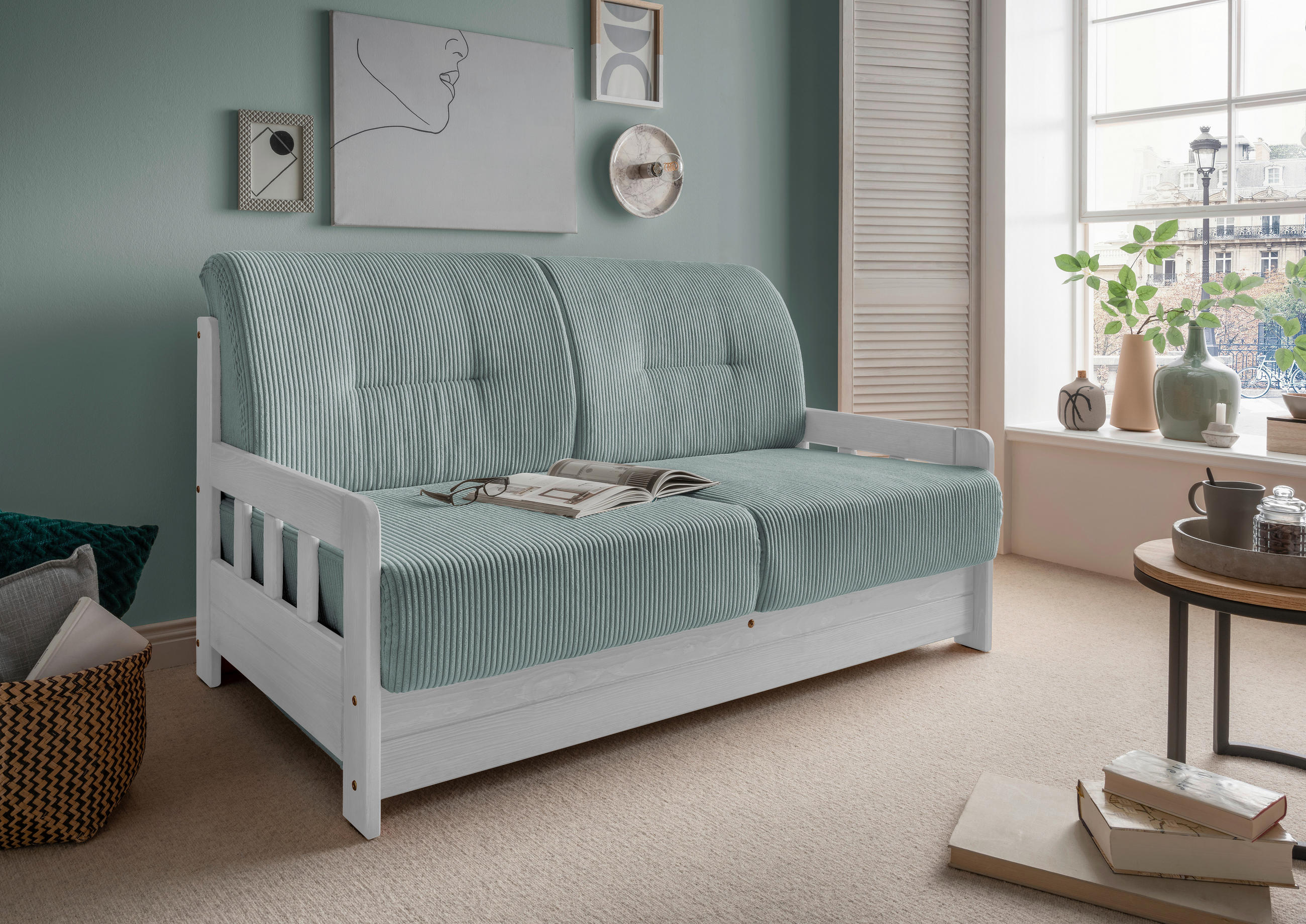 SCHLAFSOFA in Cord Hellblau  - Weiß/Hellblau, MODERN, Holz/Textil (154/88/90cm) - Livetastic