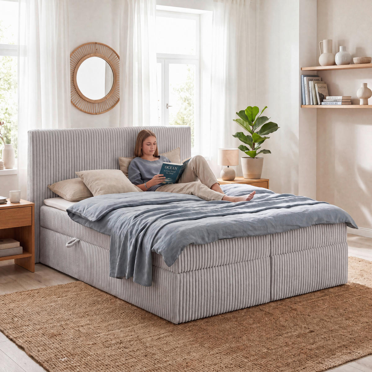 BOXBETT 180/200 cm,  in Grau, gepolstertes Kopfteil, Bettkasten, Topper, Matratzen, H3 + H3 = fest  - Schwarz/Grau, Basics, Kunststoff/Textil (180/200cm) - Chameo