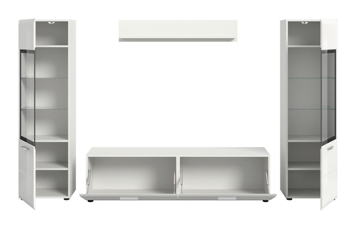WOHNWAND 4-teilig  in Weiß, Weiß Hochglanz  280/160/41 cm  - Weiß Hochglanz/Silberfarben, Design, Glas/Holzwerkstoff (280/160/41cm) - Livetastic