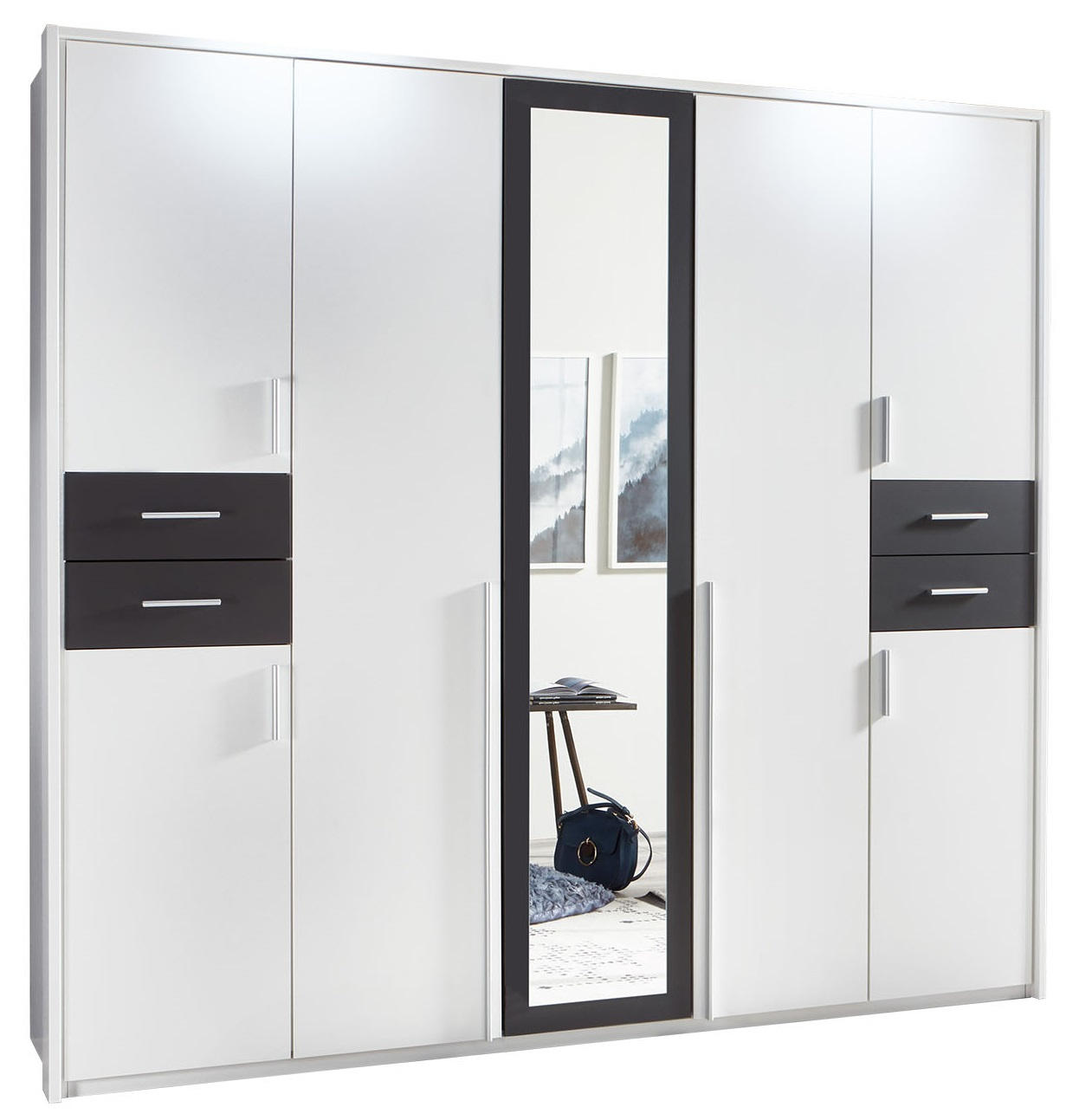 KLEIDERSCHRANK 7-türig Graphitfarben, Weiß - Silberfarben/Graphitfarben, Basics, Holzwerkstoff/Kunststoff (225/208/58cm) - MID.YOU