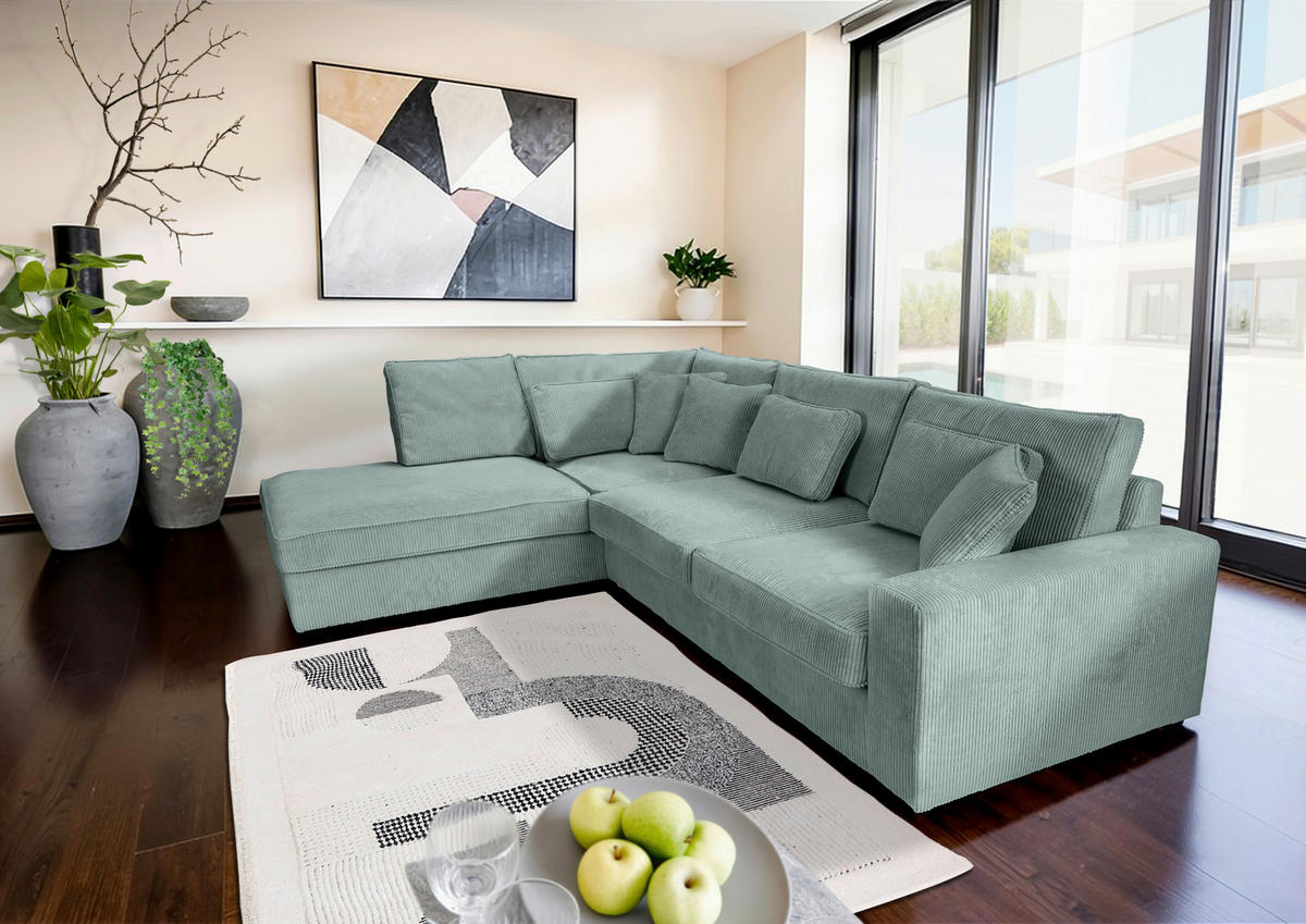 ECKSOFA  in Cord Mintgrün Zierkissen, Rückenkissen, Rücken echt  228/307 cm  - Schwarz/Mintgrün, MODERN, Kunststoff/Textil (228/307cm) - Carryhome