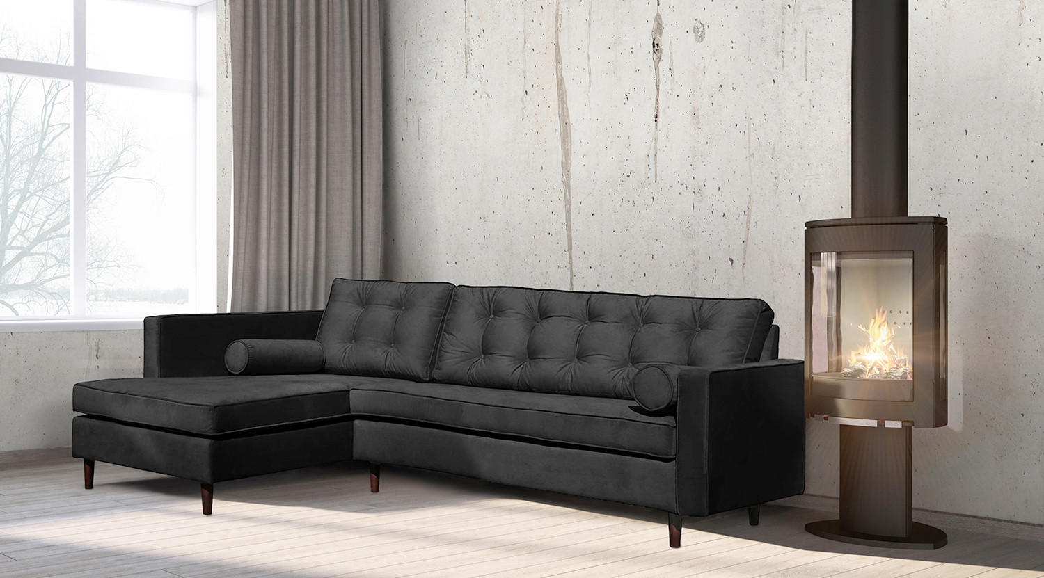 ECKSOFA VANCOUVER in Mikrofaser Schwarz Zierkissen, Rückenkissen  169/240 cm  - Schwarz/Braun, Design, Holz/Textil (169/240cm) - P & B
